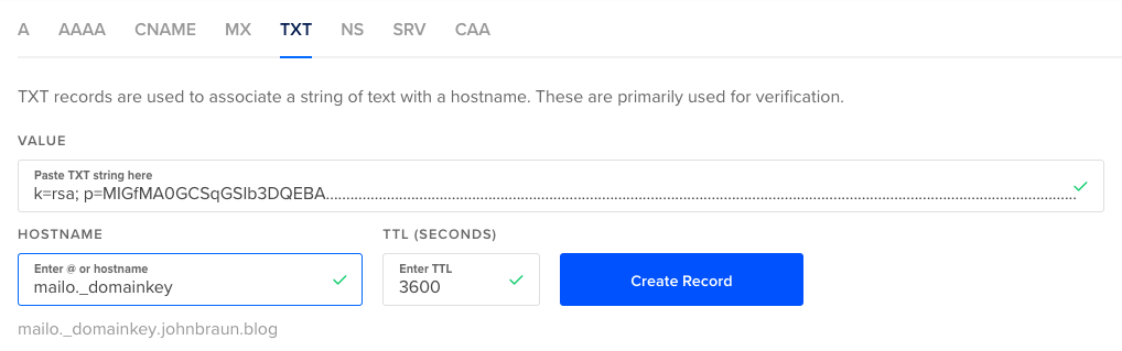 Adding domain key TXT record